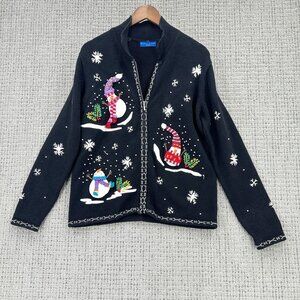 Karen Scott Sport Sweater Women's Size S Black Christmas Snowman Embroidered Zip